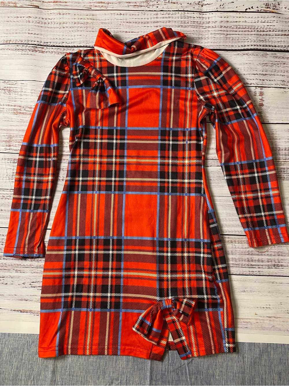 Girls' Red Plaid Long-Sleeve Dress with Bow Sz-5y